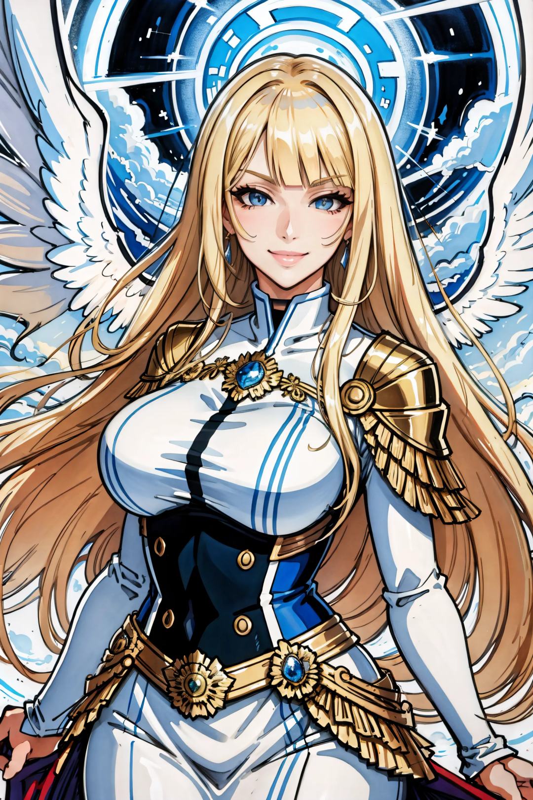 (Masterpiece, Best Quality:1.3), absurdres, (8k resolution), illustration, ((outline, thick lineart)), (faux traditional media:1.3), looking at viewer, heavenly queen, angel wings, white and gold, light theme, (standing), serious, tsurime, (mature female:1.2), adult, fighting stance, balancing, claws, metallic skin, soft skin, ((light smile)), (angelic, elegant:1.2), (solo), (backlighting), (detailed face, detailed eyes:1.2), fashion, stylish, pitch (blonde hair:1.3), (very long hair), reflection, long sidelocks, ((blunt bangs)), blue eyes, (shiny), ((cowboy shot)), (details:1.2), (depth of field), (beautiful face), high quality, [ayami kojima:0.3], (extremely detailed), fantastic composition, (highly detailed), psychedelic, graphite \(medium\), white background, cloud print, cloud, [bloom:0.4]