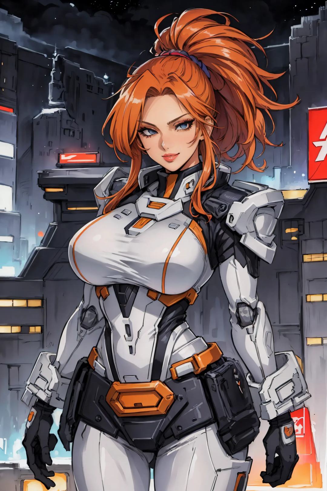 (masterpiece, best quality:1.4), highres, best illustration, (Traditional Media:1.2), Manga, 1980s \(style\),  (dynamic_angle:1.2), (dynamic_pose:1.2), an adult woman dressed in a stylish cosplay outfit, fantasy, standing on a rooftop with a colorful tron world in the background, Ayako Rokkaku, anime visual, an anime drawing, retrofuturism, official art, concept art, sots art, 2d, solo, (retro artstyle), (ultra-detailed), (best quality, highest quality), (ultra detailed), (barbariank:1.3), (8k, 4k, intricate), (Cowboy-shot:1.2), from below, full body view, (50mm), (highly detailed:1.2), (detailed face:1.2), (tomanattsu:0.5), (outline), upper body, (adult), dragon (woman), aged up, (mature female:1.3), beautiful,  robot, hand on face, Syracuse Orange hair, Prune eyes, (detailed deep eyes:1.2), light smile, [large breasts], (best shadow), gorgeous, ((lips)), long face, (nose), curvy, makeup, glossy lipstick, official alternate costume,< lora:90sAnimeAesthetic_v10:0.5>, <lora:gundamRX782OutfitStyle_v10:0.55>
