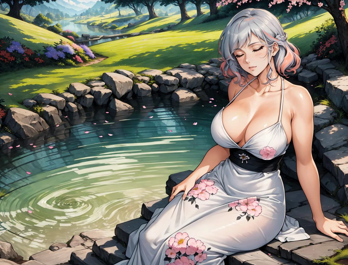 (Masterpiece, Best Quality), highres, (8k resolution wallpaper), (Traditional Media:1.2), dutch angle, Manga,  upper, body, mature female, perfect face, detailed face, detailed eyes, !, beautiful,  Silver pink hair, curls, sidelocks, outdoors, (details:1.2), (half-closed eyes, looking down:1.3), sitting, spring, nature, flowers, dress, floral print, sharp focus, shadow, depth of field, volumetric lighting, sunlight, day, full body, focus face, extremely detailed background, fantastic