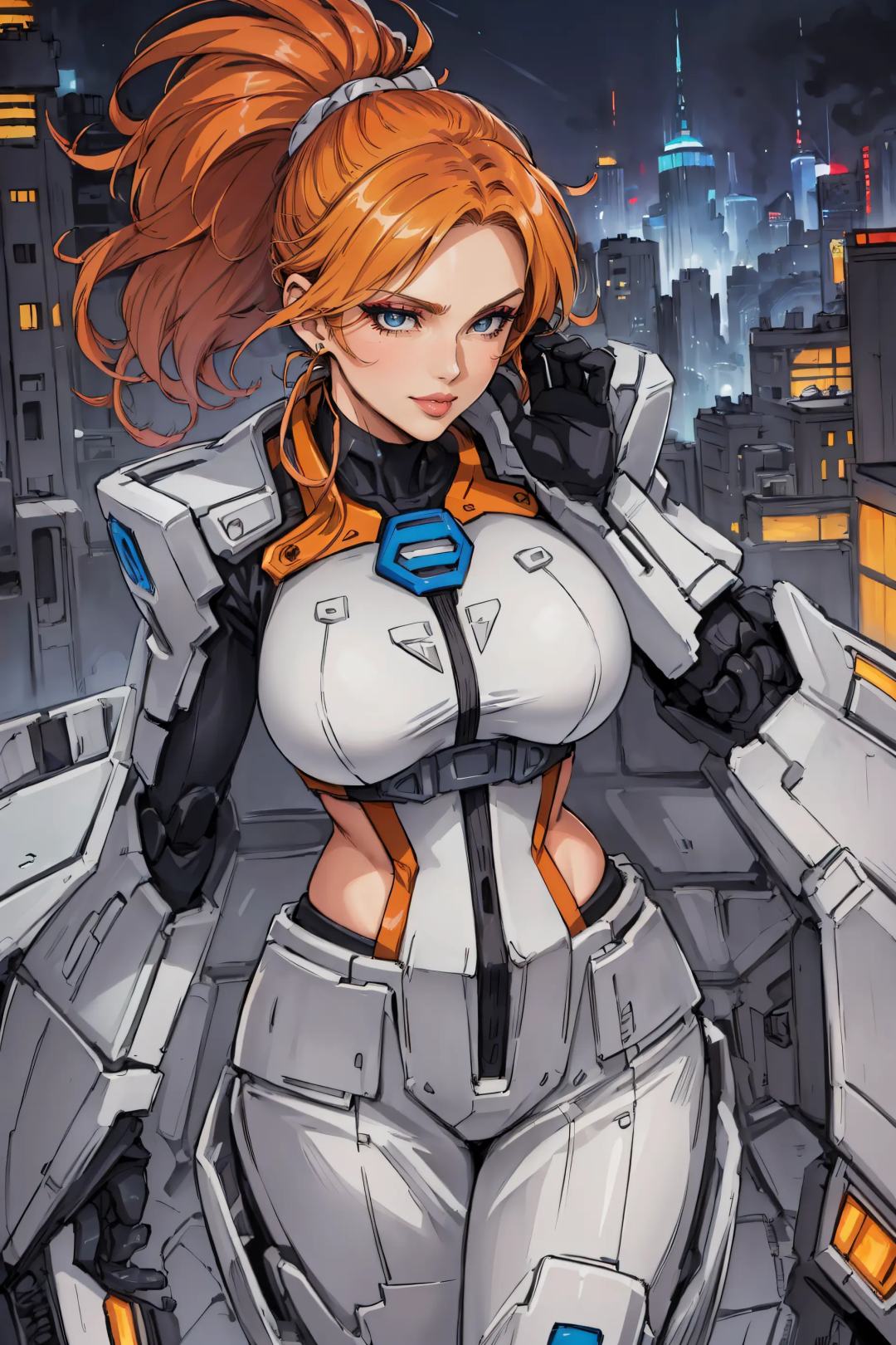 (masterpiece, best quality:1.4), highres, best illustration, (Traditional Media:1.2), Manga, 1980s \(style\),  (dynamic_angle:1.2), (dynamic_pose:1.2), an adult woman dressed in a stylish cosplay outfit, fantasy, standing on a rooftop with a colorful tron world in the background, Ayako Rokkaku, anime visual, an anime drawing, retrofuturism, official art, concept art, sots art, 2d, solo, (retro artstyle), (ultra-detailed), (best quality, highest quality), (ultra detailed), (barbariank:1.3), (8k, 4k, intricate), (Cowboy-shot:1.2), from below, full body view, (50mm), (highly detailed:1.2), (detailed face:1.2), (tomanattsu:0.5), (outline), upper body, (adult), dragon (woman), aged up, (mature female:1.3), long face, beautiful,  robot, hand on face, Syracuse Orange hair, Prune eyes, (detailed deep eyes:1.2), light smile, [large breasts], (best shadow), gorgeous, ((lips)), long face, (nose), curvy, makeup, glossy lipstick, official alternate costume