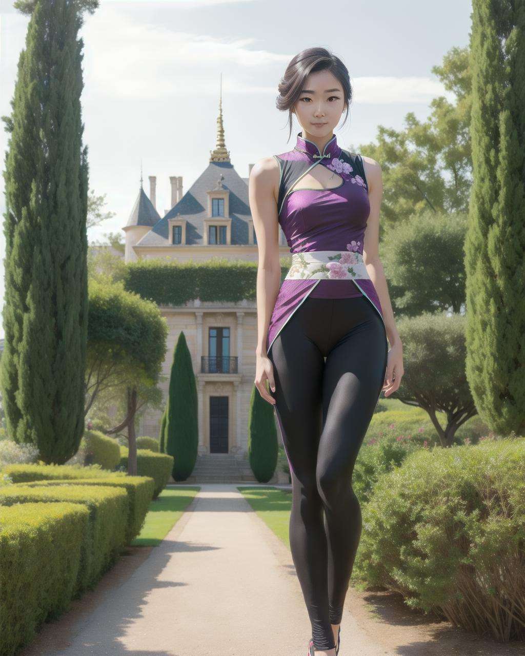 Purple Spandex qipao, perfect face, with an intricate french palace background including the garden