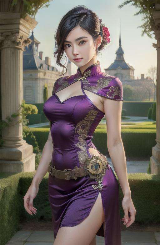 Purple Spandex qipao, perfect face, with an intricate french palace background including the garden, 1girl, masterpiece, perfect face,  steampunk miniskirt , ((really intricate steampunk background)), masterpiece, ultra realist, really intricate details red dress , really intricate background, , masterpiece, ultra realist, really intricate details red dress , really intricate background