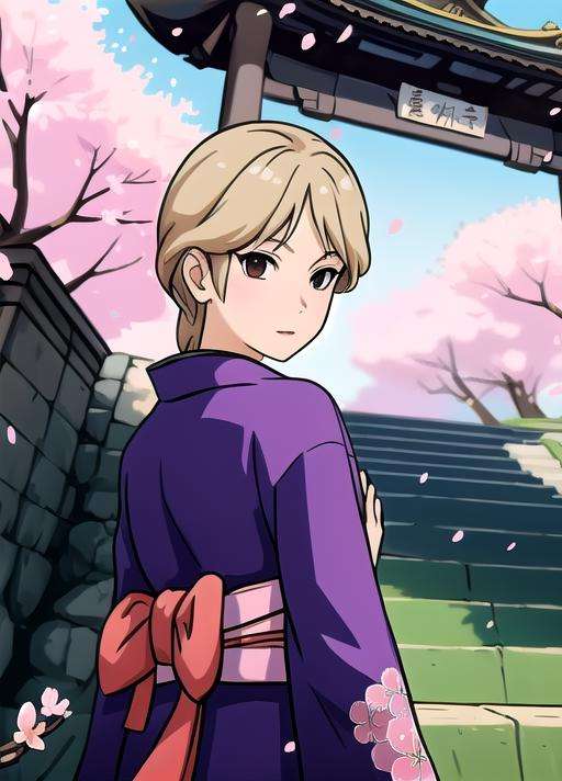 ((masterpiece, best quality)), 1girl, nii yugito, tree, stairs, standing, kimono, sky, cherry blossoms, temple, looking at viewer, upper body, from below, looking back, <lora:hairdetailer:0.5>, <lora:yugito_nii_lora:0.8>