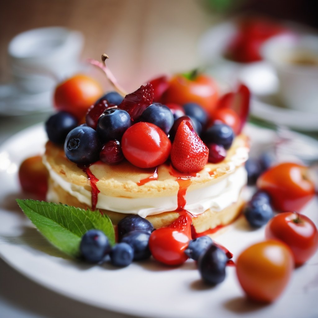 apple, berry, blueberry, blurry, blurry_background, blurry_foreground, bokeh, cake, cake_slice, cherry, cream, depth_of_field, dessert, flower, food, food_focus, fork, fruit, grapes, leaf, motion_blur, orange_\(fruit\), pancake, photo_\(medium\), plate, red_flower, red_rose, shiny, strawberry, strawberry_shortcake, table, tomato, whipped_cream