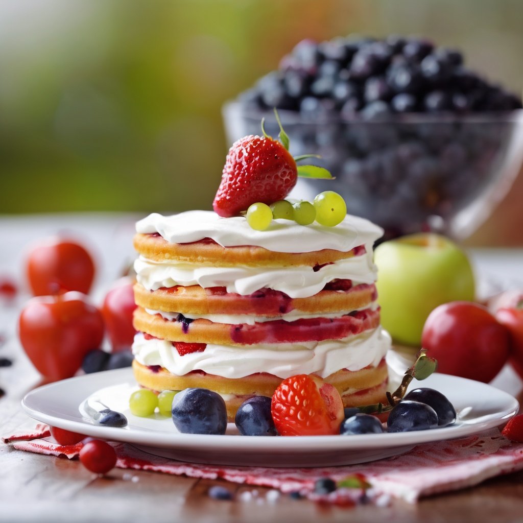 apple, berry, blueberry, blurry, blurry_background, blurry_foreground, bokeh, cake, cake_slice, cherry, cream, depth_of_field, dessert, flower, food, food_focus, fork, fruit, grapes, leaf, motion_blur, orange_\(fruit\), pancake, photo_\(medium\), plate, red_flower, red_rose, shiny, strawberry, strawberry_shortcake, table, tomato, whipped_cream