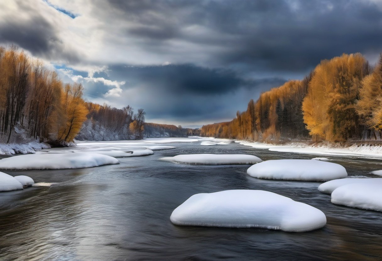 photograph of  skyscape with clouds  at  day  in  river  in  snowing , grand composition, masterpiece, 8k, highly detailed, nikon, dslr, hdr, 100-400mm lens, composition, best composition, classic, (blurry:1.2)