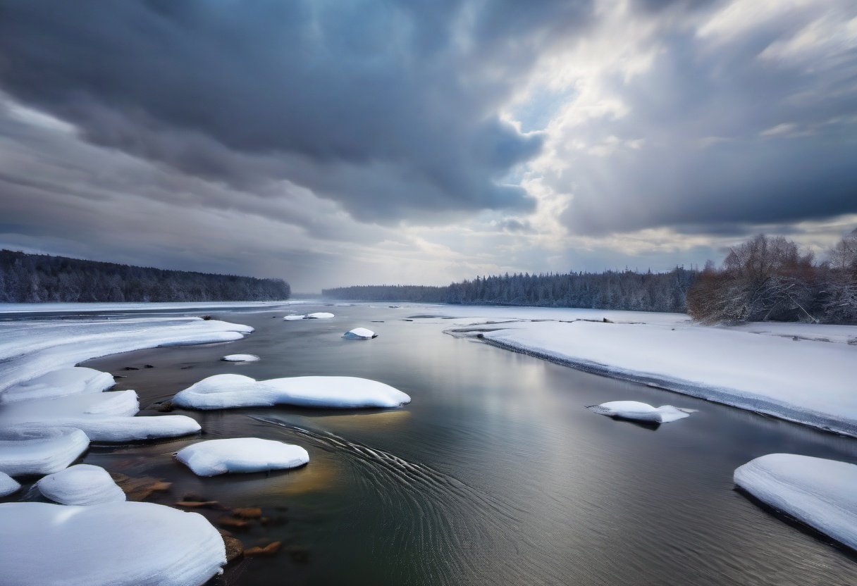 photograph of  skyscape with clouds  at  day  in  river  in  snowing , grand composition, masterpiece, 8k, highly detailed, nikon, dslr, hdr, 100-400mm lens, composition, best composition, classic, (blurry:1.2)