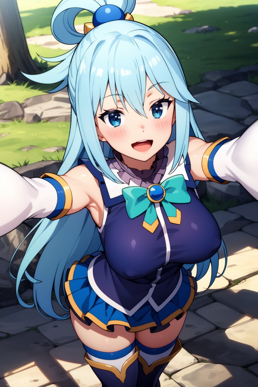 (extremely detailed fine touch:1.2), (natural light, sun light, light rays, dappled light, reflection, shadows, ray tracing:1.2),  mature female, hourglass body , Masterpiece, best quality, highly detailed , <lora:Aqua_Konosuba:0.7> , AquaKnsb-KJ , skirt , thighhighs, blue shirt , detached sleeves, thigh boots, bow , (selfie:1.2) , (from above , smile , open mouth , blush:1.1) , outdoor , vegetation around