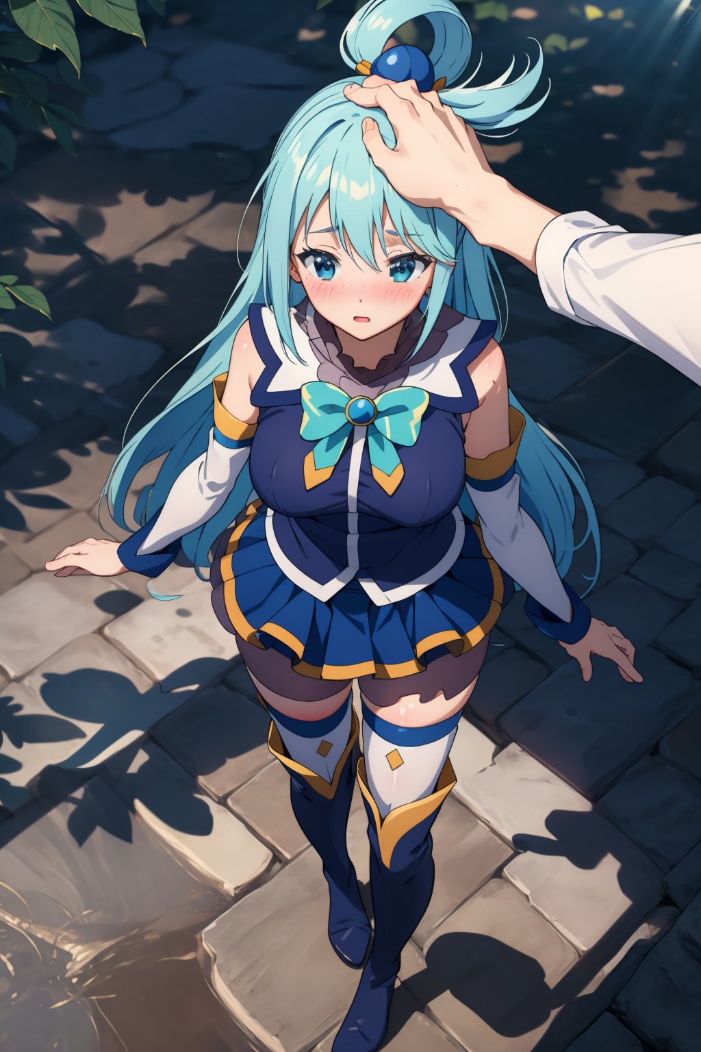 (extremely detailed fine touch:1.2), (natural light, sun light, light rays, dappled light, reflection, shadows, ray tracing:1.2) , masterpiece, best quality, highly quality  , <lora:Aqua_Konosuba:0.7> , AquaKnsb-KJ , bow, skirt, blue shirt, detached sleeves, thighhighs, blush,  full body shot , standing , thigh boots, (blush , shy:1.2) ,  <lora:HeadpatPOV:1> , headpat