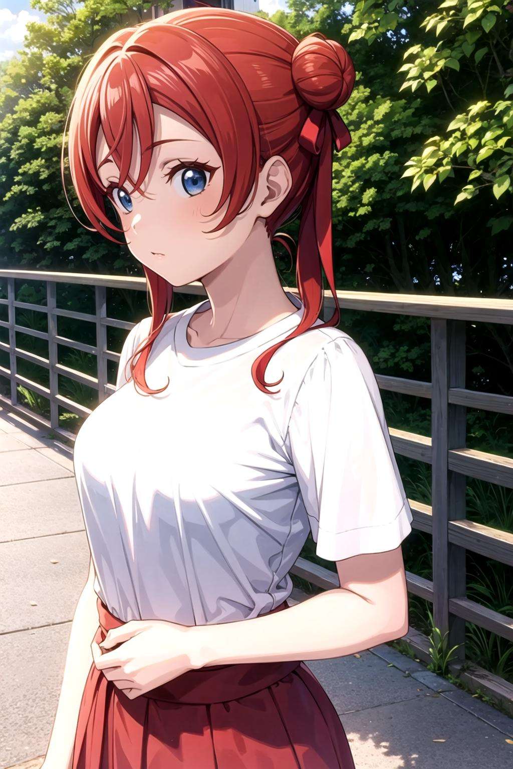 (1girl), (solo), yoneme mei, blue eyes, red hair, hair bun, <lora:mei_v1:0.6>,