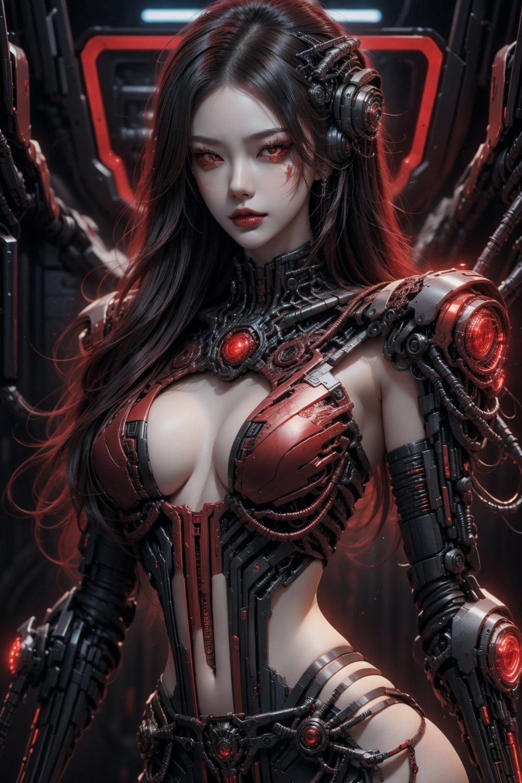 (Beautiful woman with cyberpunk clothes and red eyes),  
(perfect waist:1.4),perfect anatomy, (creative background, intricated background), dark and red theme, hyper-detailed, intricated, high_res, (intricated details:1.2),cyborg style,mecha,b3rli,huliya