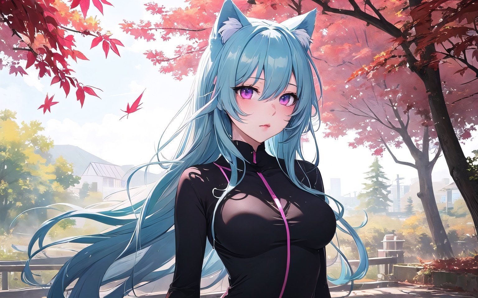 (pixiv masterpiece),masterpiece, best quality, 1girl,cute,kawaii, medium breasts,, light blue hair,pink eyes,Blue Cat ears, long hair, disheveled hair, messy hair,maples,red leaf,, masterpiece, best quality,