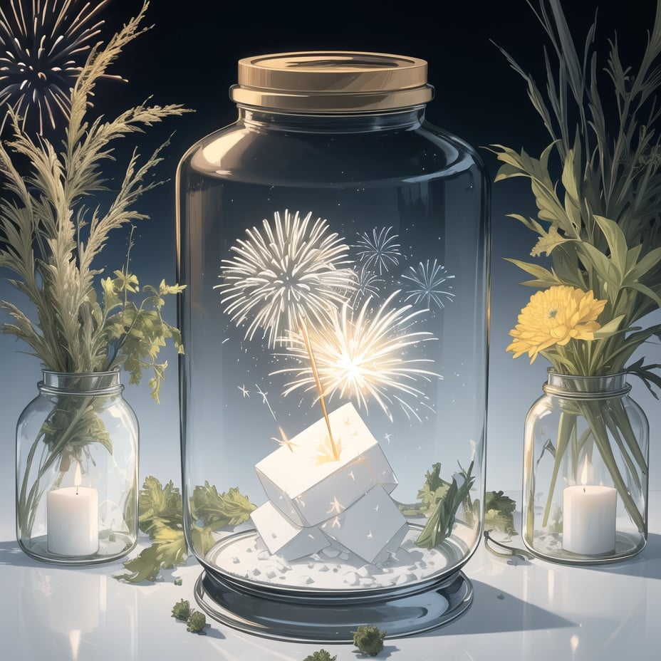 (Masterpiece, best_quality,  CG  ), white background,[(a huge empty glass container in jar shape) : (a huge empty glass container in jar shape with white mucus inside):0.35](There are fireworks in the glass container : 1.3 )  ,  (  herb-medicines and plant in  glass container    : 1.0 )(no humans :1.1),, masterpiece, best quality,