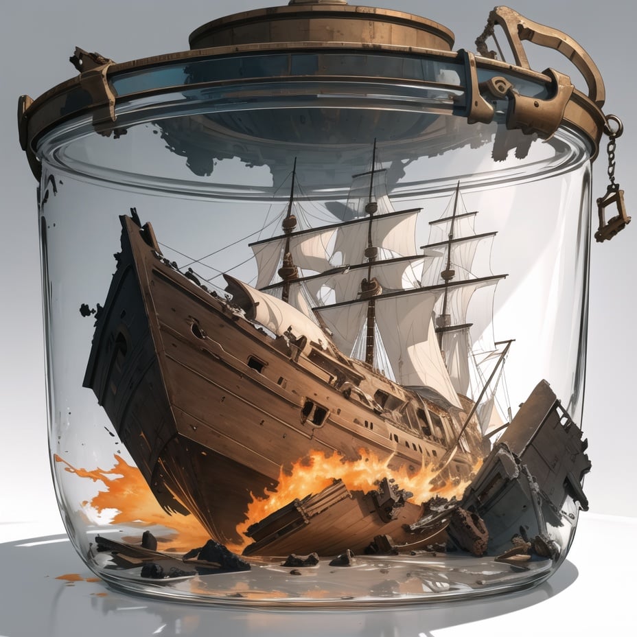 (Masterpiece, best_quality,  CG  ), white background,[(a huge empty glass container in jar shape) : (a huge empty glass container in jar shape with white mucus inside):0.35](A shipwreck in a bottle: 1.5 )  ,  (no humans :1.1),, masterpiece, best quality,