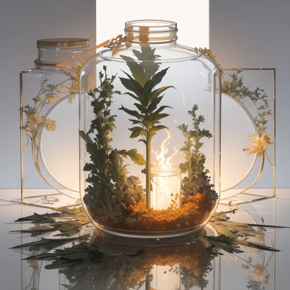 (Masterpiece, best_quality,  CG  ), white background,[(a huge empty glass container in jar shape) : (a huge empty glass container in jar shape with white mucus inside):0.35](There are fireworks in the glass container : 1.3 )  ,  (  herb-medicines and plant in  glass container    : 1.0 )(no humans :1.1),, masterpiece, best quality,