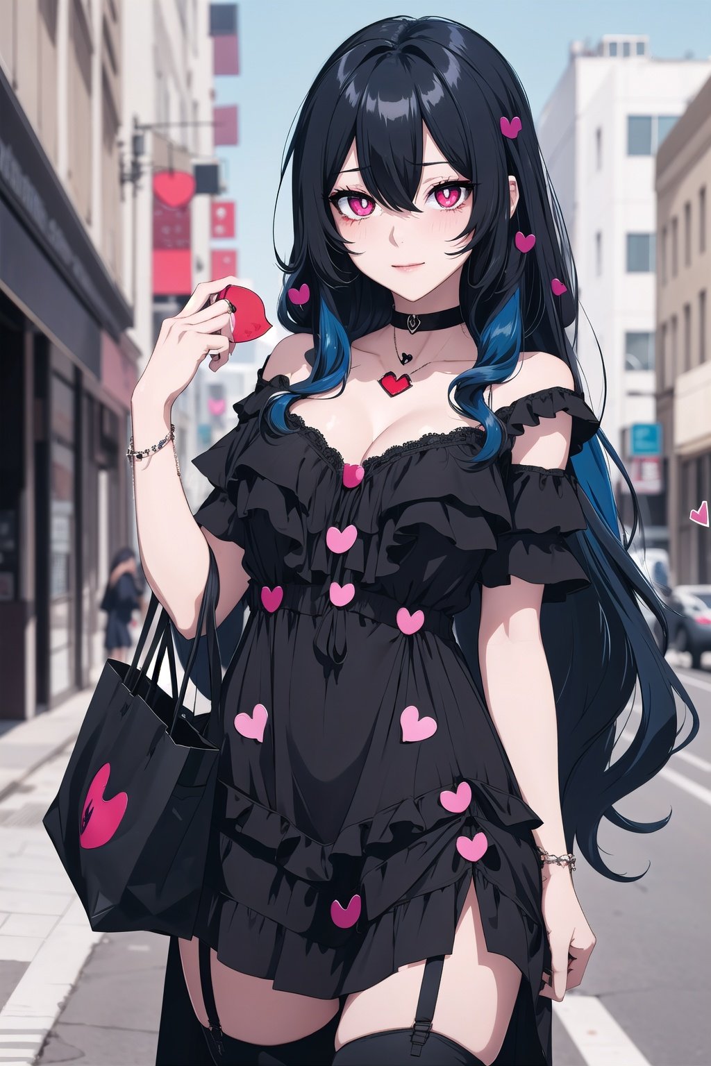 breasts, 1girl, thighhighs,swf,long hair, garter straps, jewelry, cleavage, (RED eyes), (small breasts), looking at viewer, black choker, outdoors, necklace, shirt, bag, choker, (Blue hair), (absurdly long hair:1.4),(curly_hair:1.2),short sleeves, (revealing dress:1.5), (heart-shaped pupils:1.5), collarbone, smile, covered navel, cowboy shot, bangs, black thighhighs, holding, thigh gap, closed mouth, skindentation, holding bag, solo, thighs, street, city, taut clothes, solo focus, day, road, blush, zettai ryouiki, standing, building, hand up, hair between eyes, black dress, masterpiece, best quality,