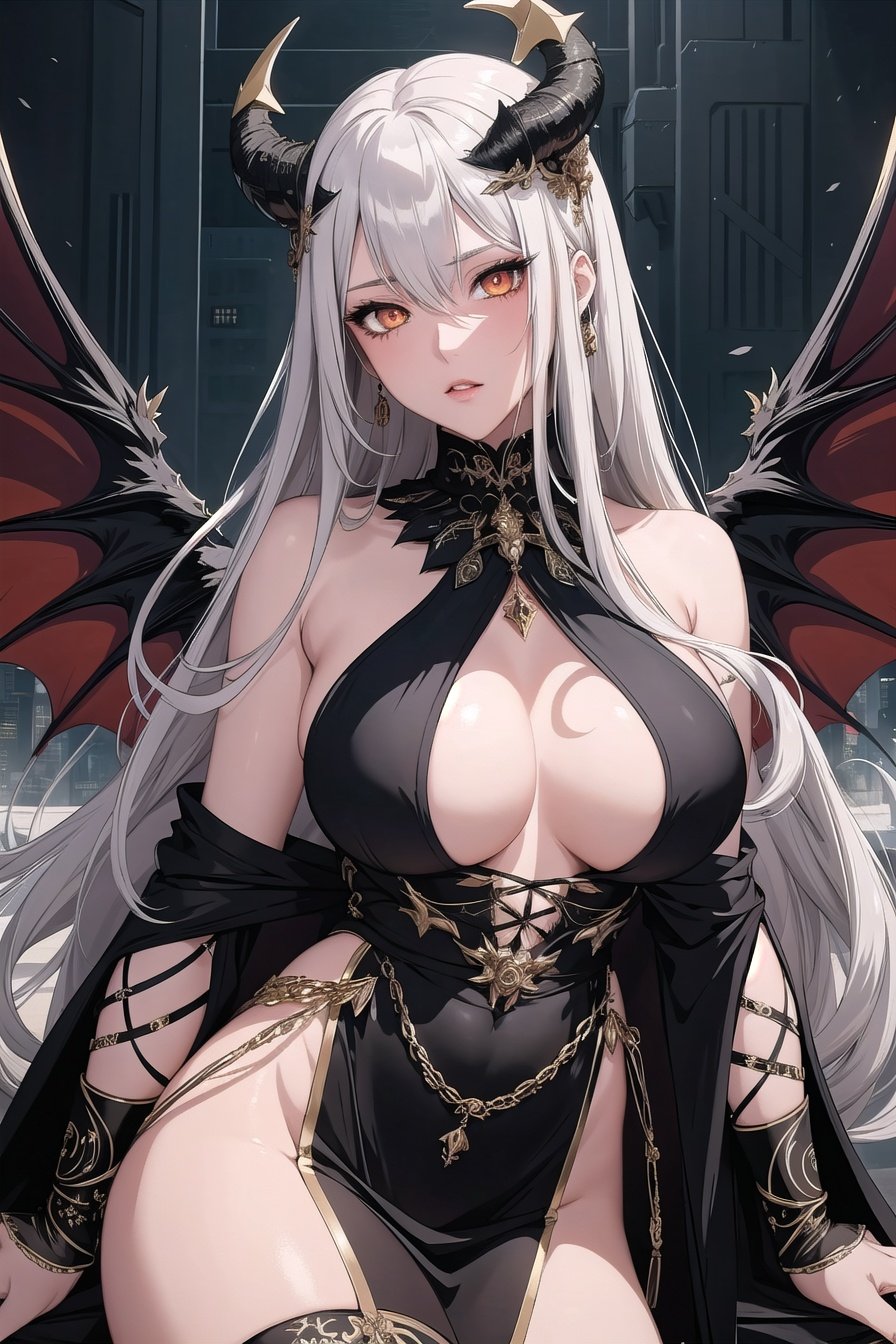 Bishoujo, Masterpiece, Best quality, Extremely detailed 4K CG, Extremely beautiful and detailed girl, Large breasts, Cyberpunk background, Beautiful detailed orange eyes (slit pupils), Shiny eyes, Long silver hair, Very long hair, Hair covering the eyes, Crossed bangs, Hair wings, Disheveled hair, Messy hair, Expressionless, Tall and straight breasts, Wearing a handsome black cloak, Bare shoulders, Cloak floating, Wearing extremely detailed black pantyhose, Beautiful and detailed black uniform, Medium golden ornaments on her head, Royal halo on her head, Extremely detailed dragon horns on her head, Official arts, Floating body, Glowing feathers floating beside her, Long thighs, Beautiful leg rings., masterpiece, best quality,