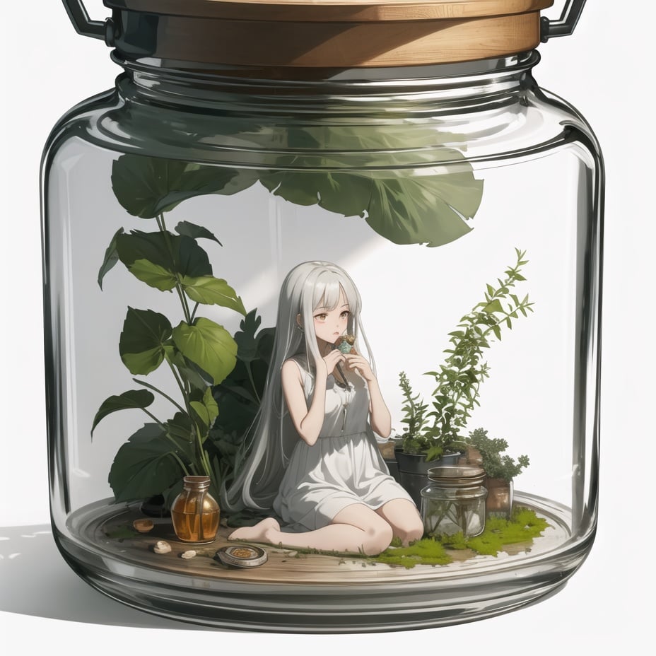 (Masterpiece, best_quality,  CG  ), white background,[(a huge empty glass container in jar shape) : (a huge empty glass container in jar shape with white mucus inside):0.35](The Girl in the bottle: 1.3 )  ,  (  herb-medicines and plant in  glass container    : 1.0 )(no humans :1.1),, masterpiece, best quality,