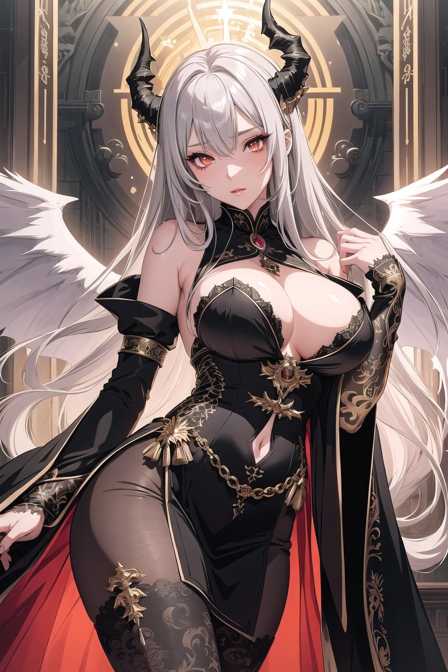 Bishoujo, Masterpiece, Best quality, Extremely detailed 4K CG, Extremely beautiful and detailed girl, Large breasts, Cyberpunk background, Beautiful detailed orange eyes (slit pupils), Shiny eyes, Long silver hair, Very long hair, Hair covering the eyes, Crossed bangs, Hair wings, Disheveled hair, Messy hair, Expressionless, Tall and straight breasts, Wearing a handsome black cloak, Bare shoulders, Cloak floating, Wearing extremely detailed black pantyhose, Beautiful and detailed black uniform, Medium golden ornaments on her head, Royal halo on her head, Extremely detailed dragon horns on her head, Official arts, Floating body, Glowing feathers floating beside her, Long thighs, Beautiful leg rings., masterpiece, best quality,