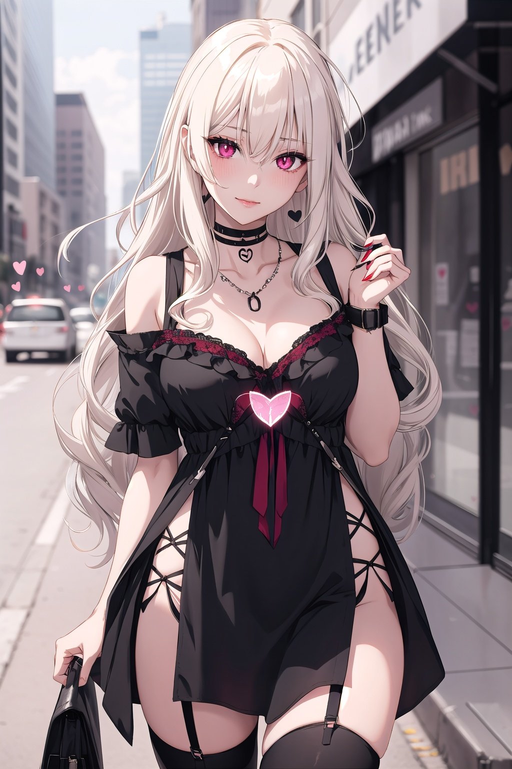 breasts, 1girl, thighhighs,swf,long hair, garter straps, jewelry, cleavage, (RED eyes), (small breasts), looking at viewer, black choker, outdoors, necklace, shirt, bag, choker, (platinum blonde hair), (absurdly long hair:1.4),(curly_hair:1.2),( crossed bangs:1.2),short sleeves, (revealing dress:1.5), (heart-shaped pupils:1.5), collarbone, smile, covered navel, cowboy shot, bangs, black thighhighs, holding, thigh gap, closed mouth, skindentation, holding bag, solo, thighs, street, city, taut clothes, solo focus, day, road, blush, zettai ryouiki, standing, building, hand up, hair between eyes, black dress, masterpiece, best quality,