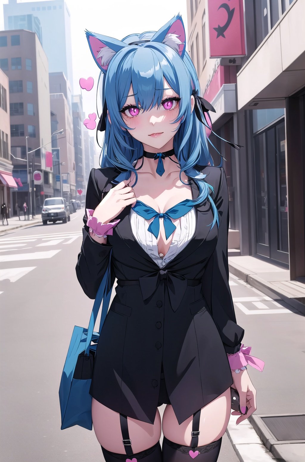 breasts, 1girl, thighhighs,swf,long hair, garter straps, jewelry, cleavage, (Pink eyes), (small breasts), looking at viewer, black choker, outdoors, necklace, shirt, bag, choker, (Blue hair), (Blue Cat ears:1.4),(ribbon_choker:1.5),short sleeves, ( business_suit:1.5), (heart-shaped pupils:1.5), collarbone, smile, covered navel, cowboy shot, bangs, black thighhighs, holding, thigh gap, closed mouth, skindentation, holding bag, solo, thighs, street, city, taut clothes, solo focus, day, road, blush, zettai ryouiki, standing, building, hand up, hair between eyes, black dress, masterpiece, best quality,