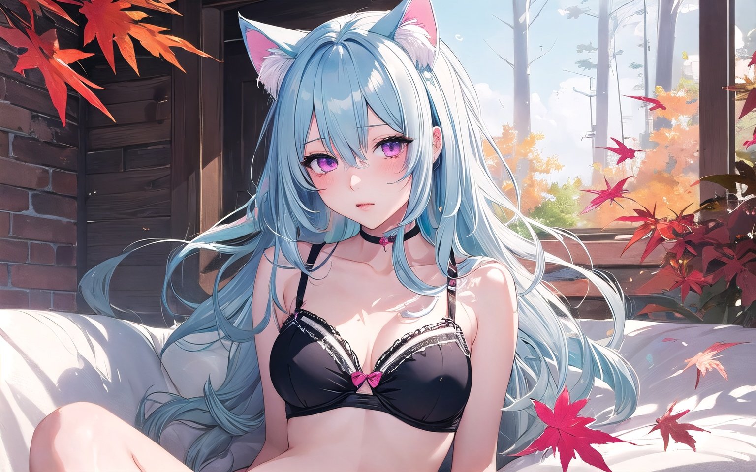 (pixiv masterpiece),masterpiece, best quality, 1girl,cute,kawaii, medium breasts,, light blue hair,pink eyes,Blue Cat ears, long hair, disheveled hair, messy hair,maples,red leaf,, masterpiece, best quality,