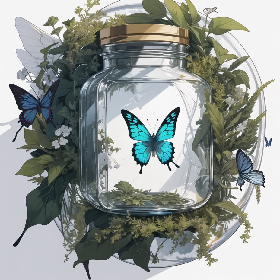 (Masterpiece, best_quality,  CG  ), white background,[(a huge empty glass container in jar shape) : (a huge empty glass container in jar shape with white mucus inside):0.35](A butterfly in a bottle: 1.5 )  ,  (  herb-medicines and plant in  glass container    : 1.0 )(no humans :1.1),, masterpiece, best quality,