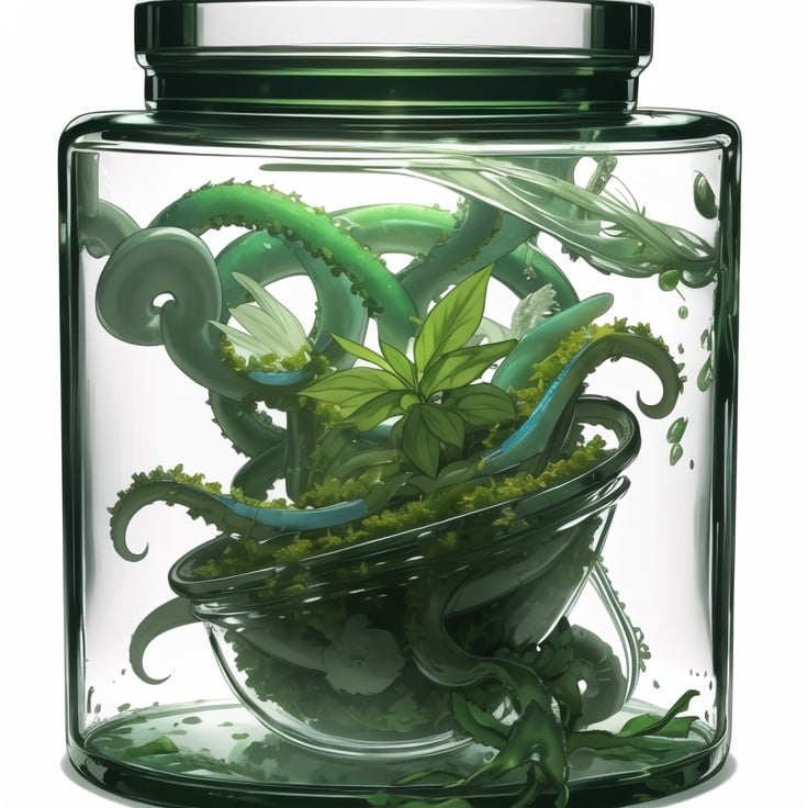 (Masterpiece, best_quality,  CG  ), white background,[(a huge empty glass container in jar shape) : (a huge empty glass container in jar shape with white mucus inside):0.35](  green  tentacles in  glass container    : 1.3 )  ,  (  herb-medicines and plant in  glass container    : 1.0 )(no humans :1.1),, masterpiece, best quality,