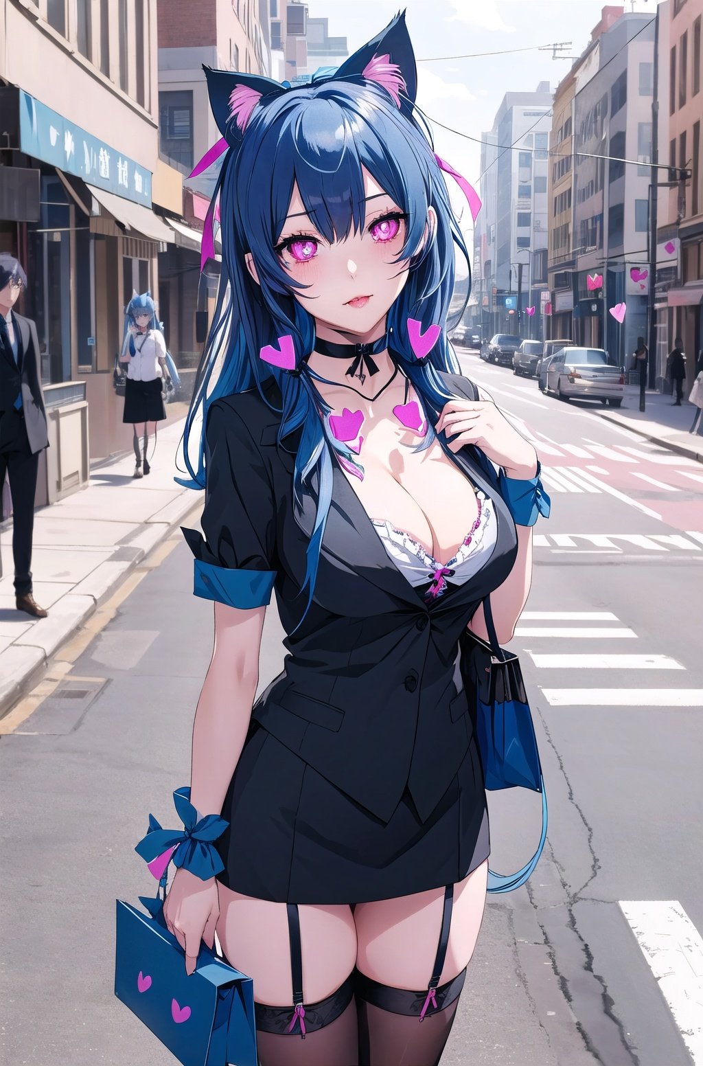 breasts, 1girl, thighhighs,swf,long hair, garter straps, jewelry, cleavage, (Pink eyes), (small breasts), looking at viewer, black choker, outdoors, necklace, shirt, bag, choker, (Blue hair), (Blue Cat ears:1.4),(ribbon_choker:1.5),short sleeves, ( business_suit:1.5), (heart-shaped pupils:1.5), collarbone, smile, covered navel, cowboy shot, bangs, black thighhighs, holding, thigh gap, closed mouth, skindentation, holding bag, solo, thighs, street, city, taut clothes, solo focus, day, road, blush, zettai ryouiki, standing, building, hand up, hair between eyes, black dress, masterpiece, best quality,