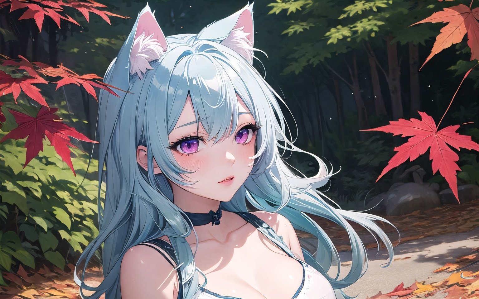 (pixiv masterpiece),masterpiece, best quality, 1girl,cute,kawaii, medium breasts,, light blue hair,pink eyes,Blue Cat ears, long hair, disheveled hair, messy hair,maples,red leaf,, masterpiece, best quality,