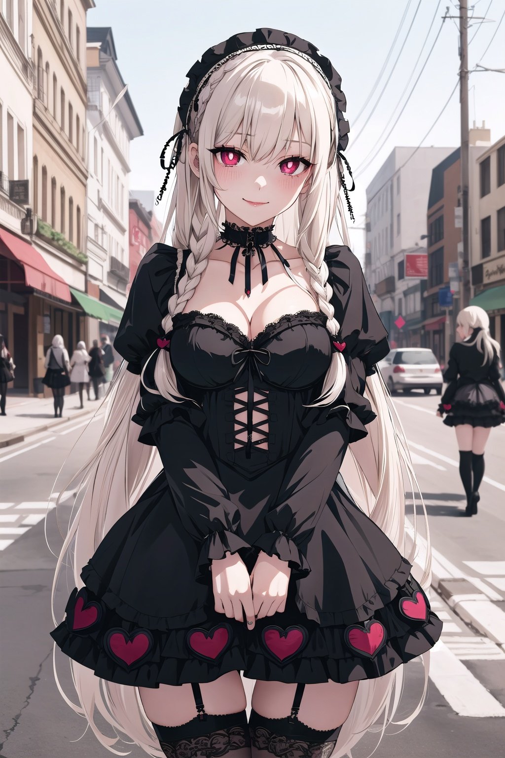 breasts, 1girl, thighhighs,swf,long hair, garter straps, jewelry, cleavage, (RED eyes), (small breasts), looking at viewer, black choker, outdoors, necklace, shirt, bag, choker, (platinum blonde hair), (absurdly long hair:1.4),(crown braid:1.2),( crossed bangs:1.2),short sleeves, ( gothic_lolita:1.5), (heart-shaped pupils:1.5), collarbone, smile, covered navel, cowboy shot, bangs, black thighhighs, holding, thigh gap, closed mouth, skindentation, holding bag, solo, thighs, street, city, taut clothes, solo focus, day, road, blush, zettai ryouiki, standing, building, hand up, hair between eyes, black dress, masterpiece, best quality,