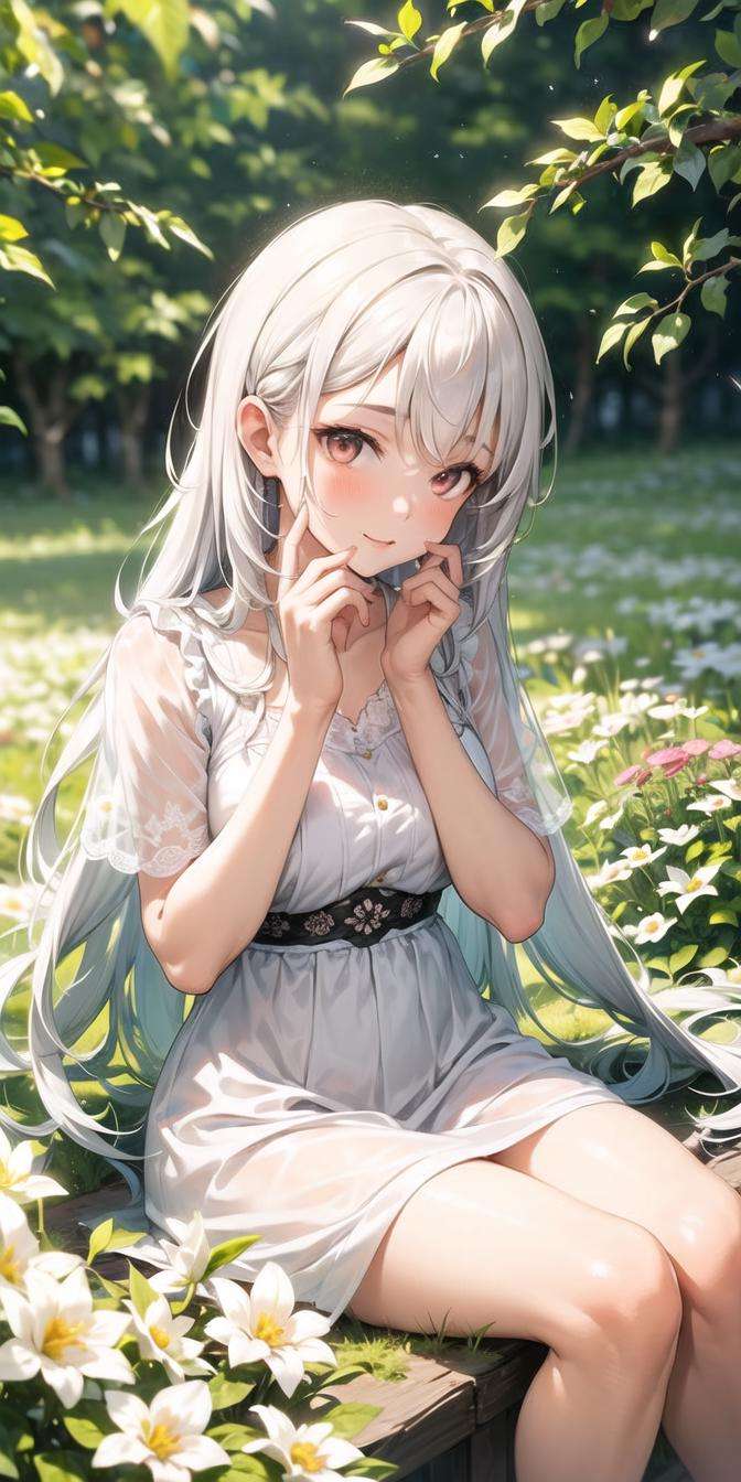 (masterpiece, best quality),1girl with long white hair sitting in a field of green plants and flowers, her hand under her chin, warm lighting, white dress, blurry foreground