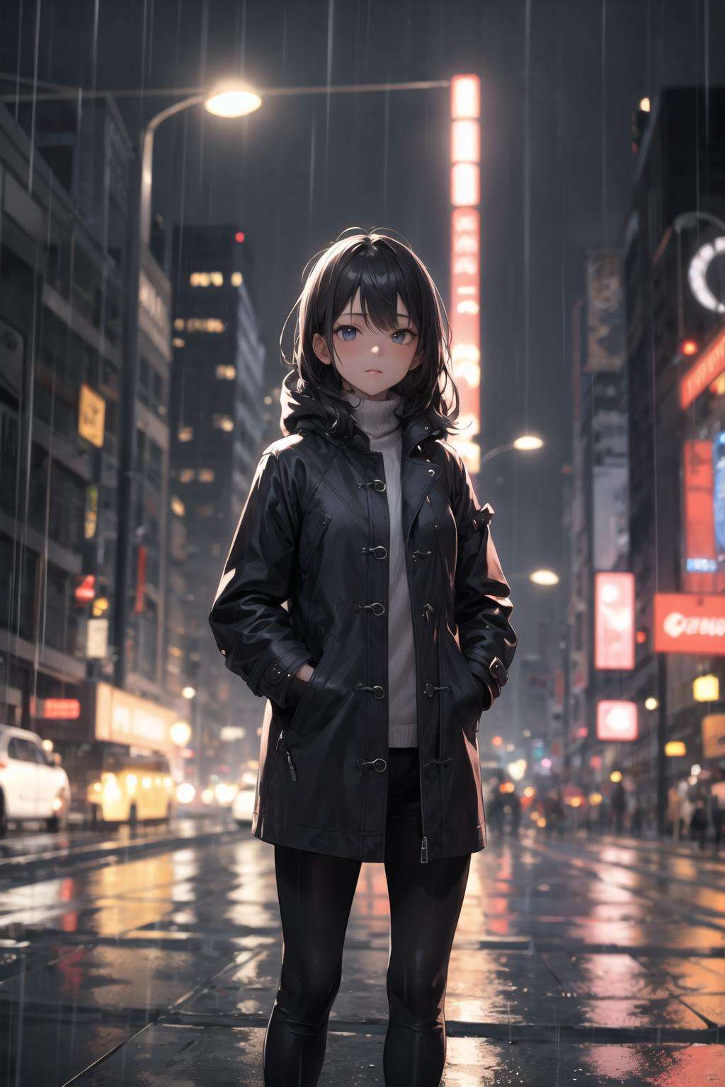 1girl,night city,rain,coat,hands in pockets