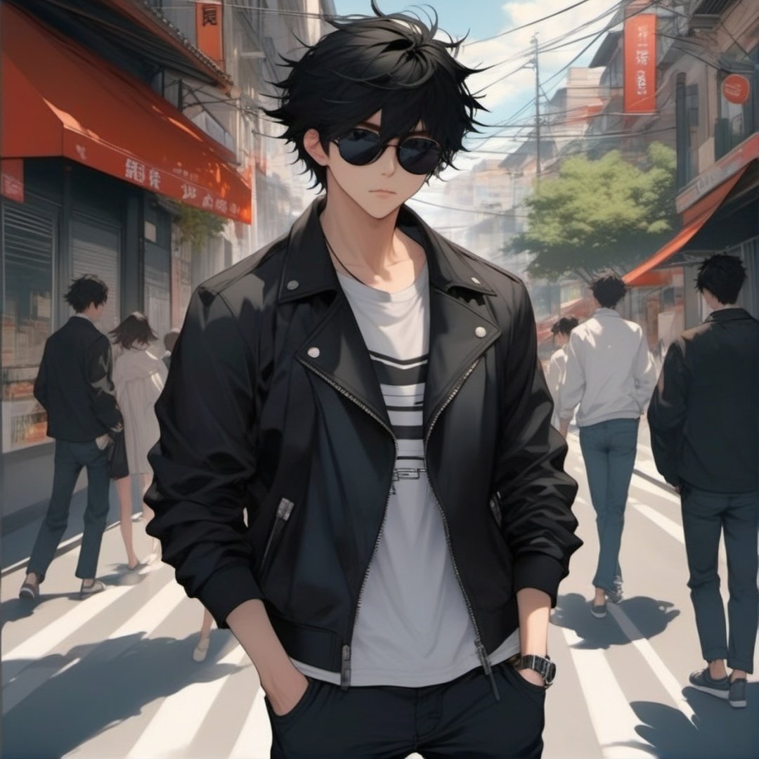 ((masterpiece:1.5)), ((best quality:1.5)), ((highres:1.5)), anime, ((1boy)), ((male_only:1.24)), male_focus, solo, close_up, black_hair, sunglasses, casual clothed, street, daylight, ((black_jacket)), black jeans. 8k,((hyper_fine_ultra_detailed:1.2)), pixiv, midjourney