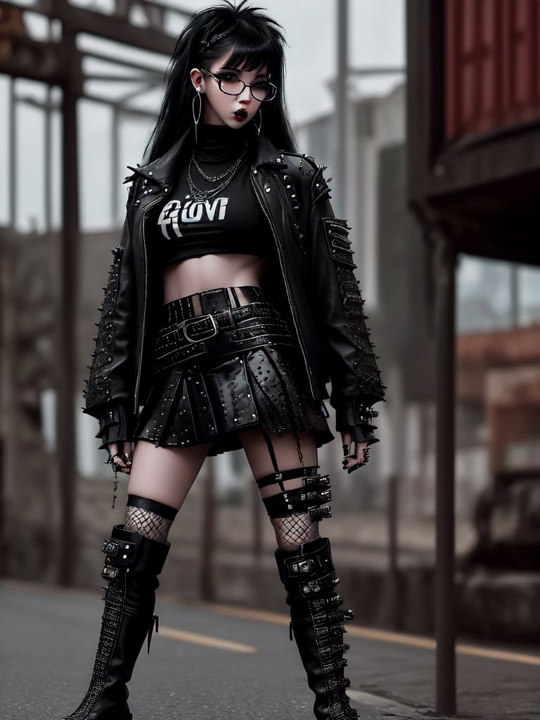 The punk girl hates society dressed sexy in flared miniskirt, black and white fishnet stockings, long boots, piercing earrings on the body, navel with earring. strange, black hair, long bangs, young and beautiful face. drop shaped glasses, , 
