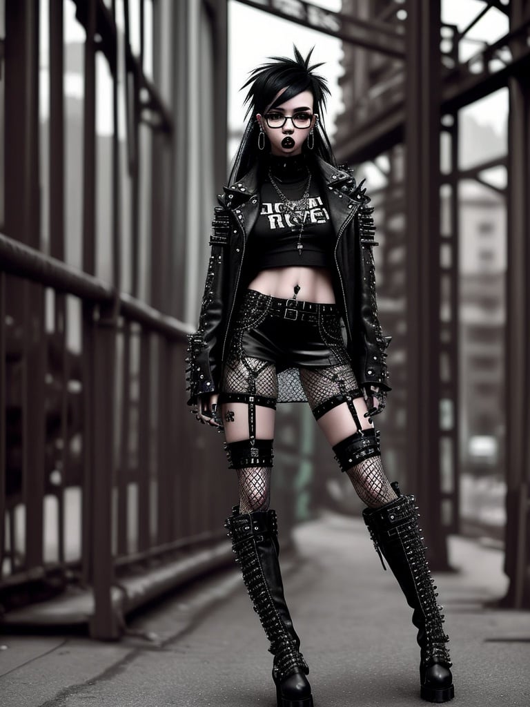 The punk girl hates society dressed sexy , black and white fishnet stockings, long boots, piercing earrings on the body, navel with earring. strange, black hair, long bangs, young and beautiful face. drop shaped glasses, , 
