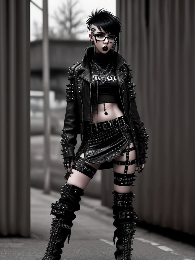 The punk girl hates society dressed sexy , black and white fishnet stockings, long boots, piercing earrings on the body, navel with earring. strange, black hair, long bangs, young and beautiful face. drop shaped glasses, , 
