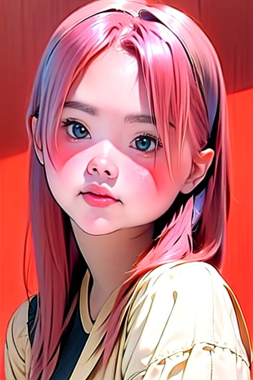 Ajmrrmja woman, Ajmryzbun, Pretty, 1 girl, 15 yo, shoulder length hair, ((pink hair)), snob, cute, ((rounded cheeks)),  chubby cheeks, chubby face, slightly chubby, shy eyes, closeup, Sakura forehead band,haruno sakura, halo