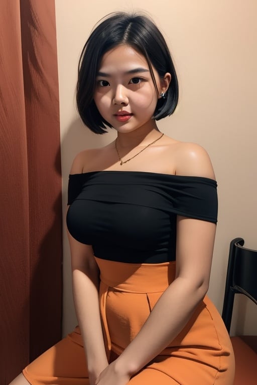 black short hair, AJMRRMJA woman, 19 yo, rounder cheeks, medium breast