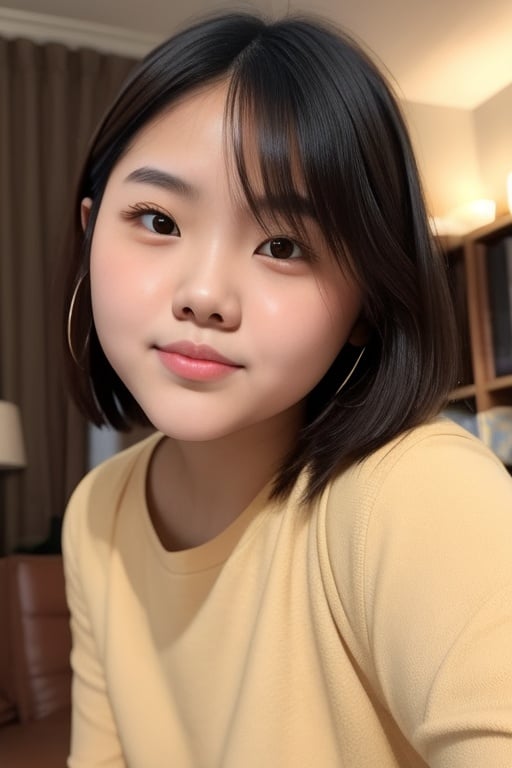 black short hair, AJMRRMJA woman, 15 yo, rounder cheeks, chubby cheeks, closeup 