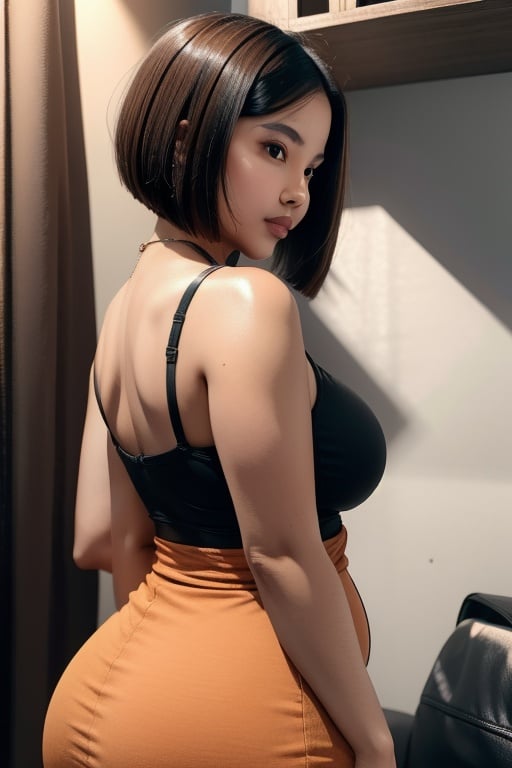 Bobcut, black short hair, AJMRRMJA woman, 26 yo, rounder cheeks, medium breast, thicc, hi-res, 8k, shiny skin