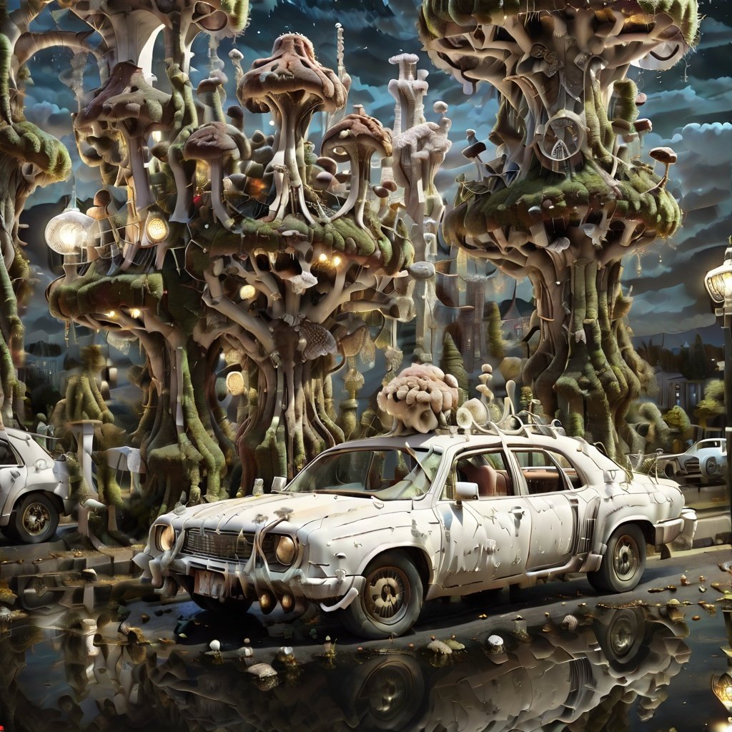 <lora:mushroomfantasy:1>clock, fantasy, gears, ground vehicle, no humans, roman numeral, scenery, sky, star \(sky\), steampunk, tower, mushroomfantasy