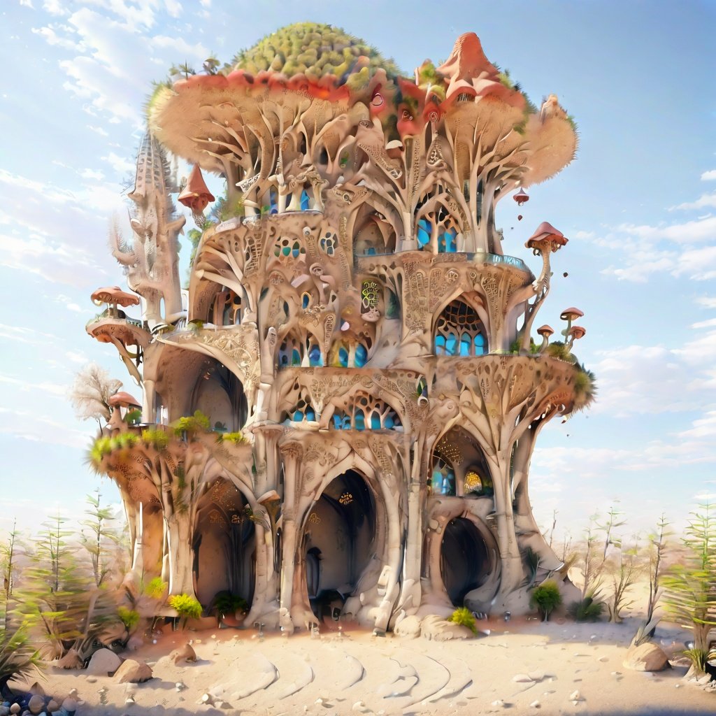 <lora:mushroomfantasy:1> blue sky, building, castle, cloud, cloudy sky, day, desert, fantasy, flower, grass, hat, house, landscape, mountain, no humans, outdoors, palm tree, plant, rock, scenery, sky, straw hat, tower, tree, windmill, mushroomfantasy