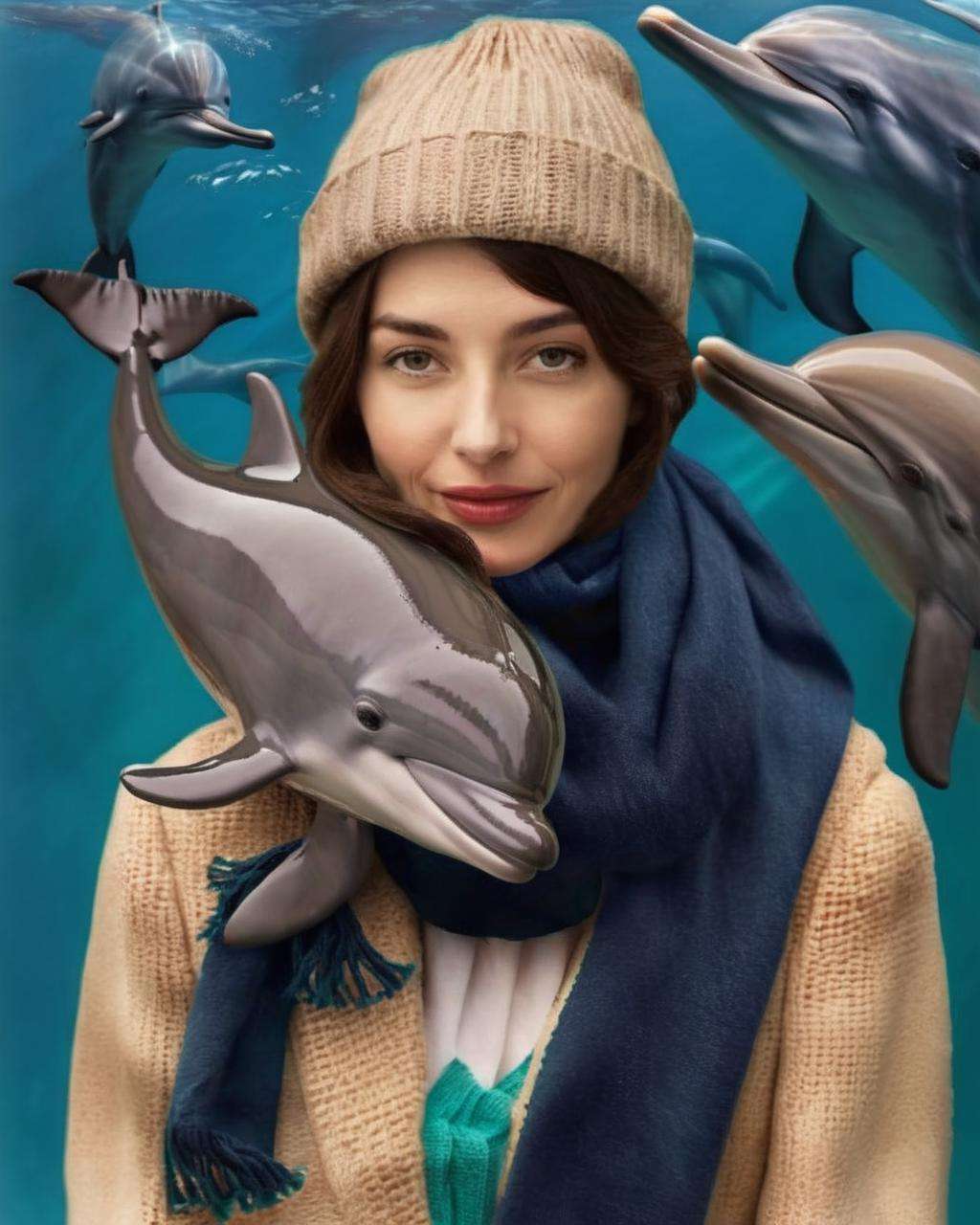 (( fauna_portrait )) ,  a woman wearing a hat and a scarf , Dolphin<lora:Fauna_Portrait_sdxl:1.0>
