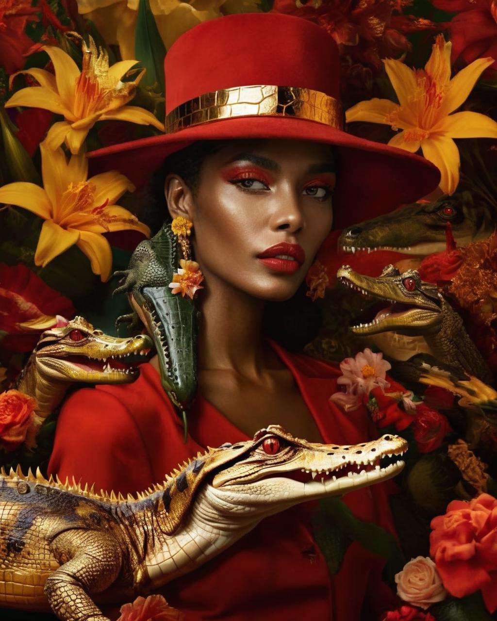a woman in a red and gold outfit and a hat with Crocodile , Fauna_Portraits , surrounded by flowers, David LaChapelle, highly detailed digital painting, poster art, naturalism<lora:Fauna_Portrait_sdxl:1.0>