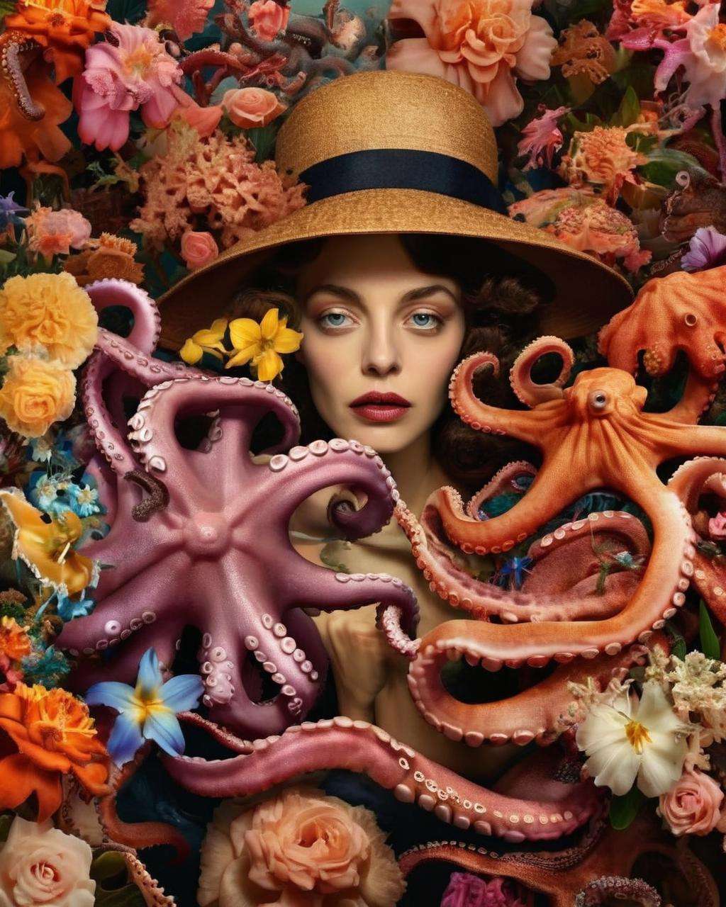 a woman with a hat on her head with Octopus , Fauna_Portraits , surrounded by flowers, David LaChapelle, highly detailed digital painting, poster art, naturalism<lora:Fauna_Portrait_sdxl:1.0>