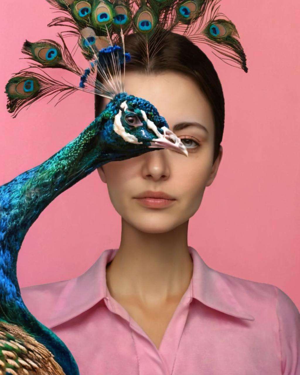 (( fauna_portrait )) ,  a woman with a pink shirt and a pink background , Peacock<lora:Fauna_Portrait_sdxl:1.0>