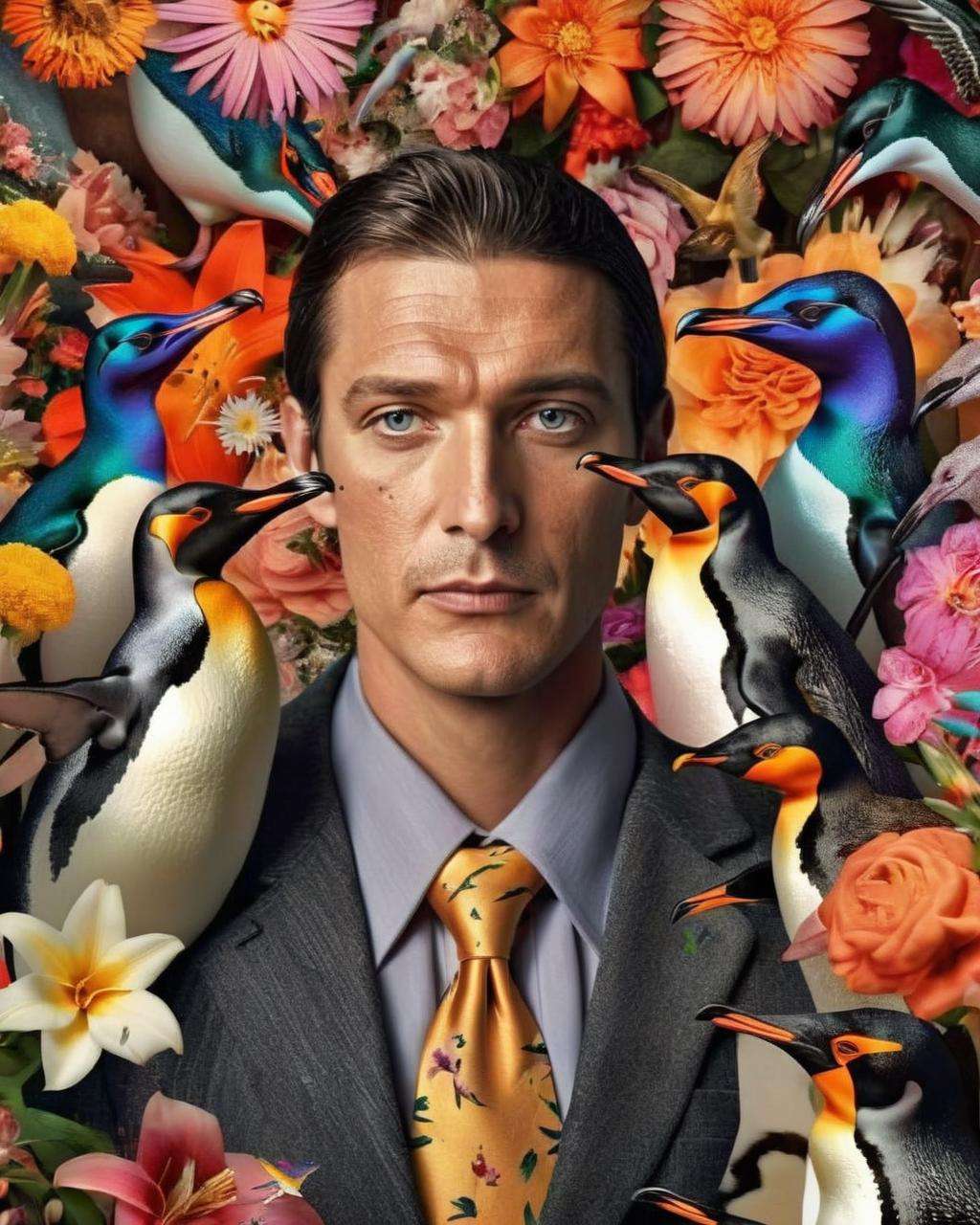 a man with a gray shirt and a tie with Penguin , Fauna_Portraits , surrounded by flowers and birds, David LaChapelle, highly detailed digital painting, poster art, naturalism<lora:Fauna_Portrait_sdxl:1.0>