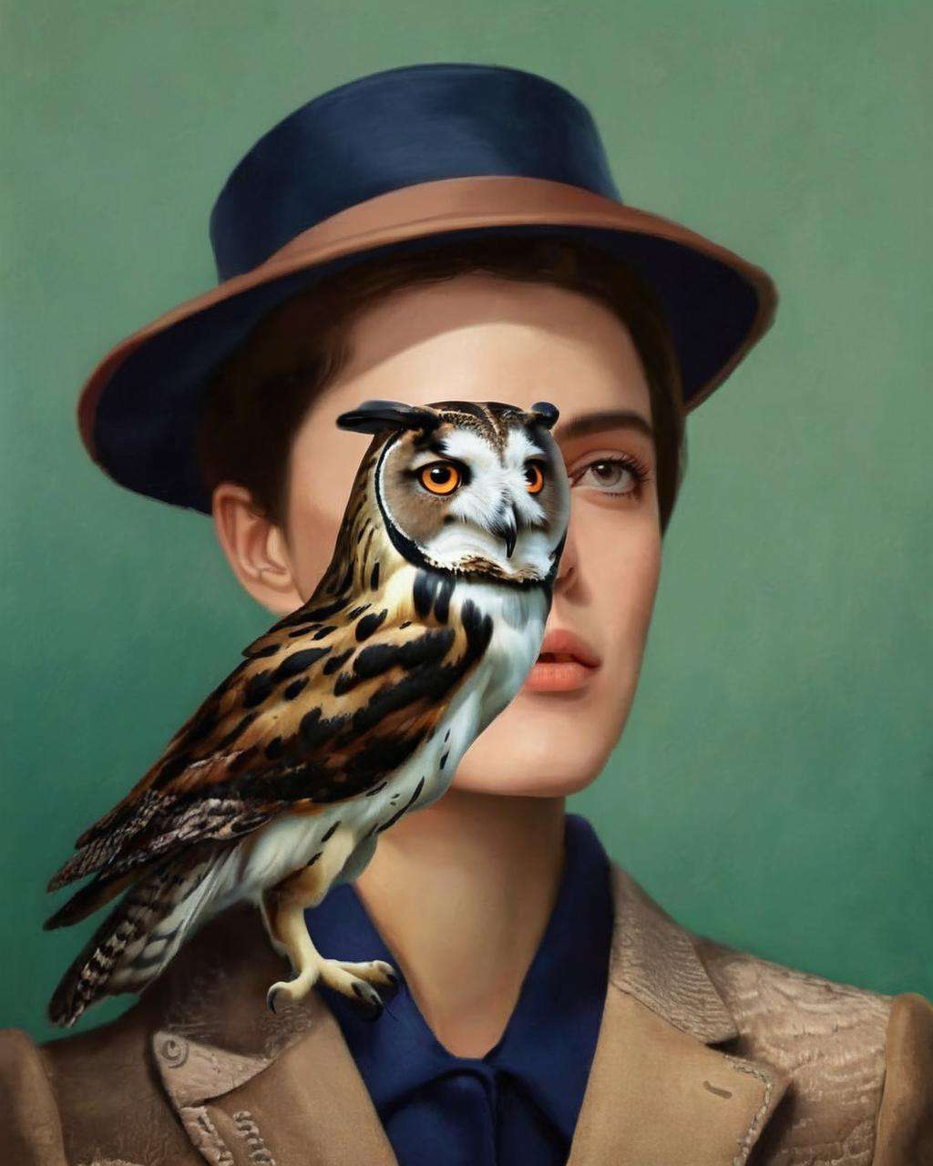 (( fauna_portrait )) ,  a woman with a hat and a jacket , Owl<lora:Fauna_Portrait_sdxl:1.0>