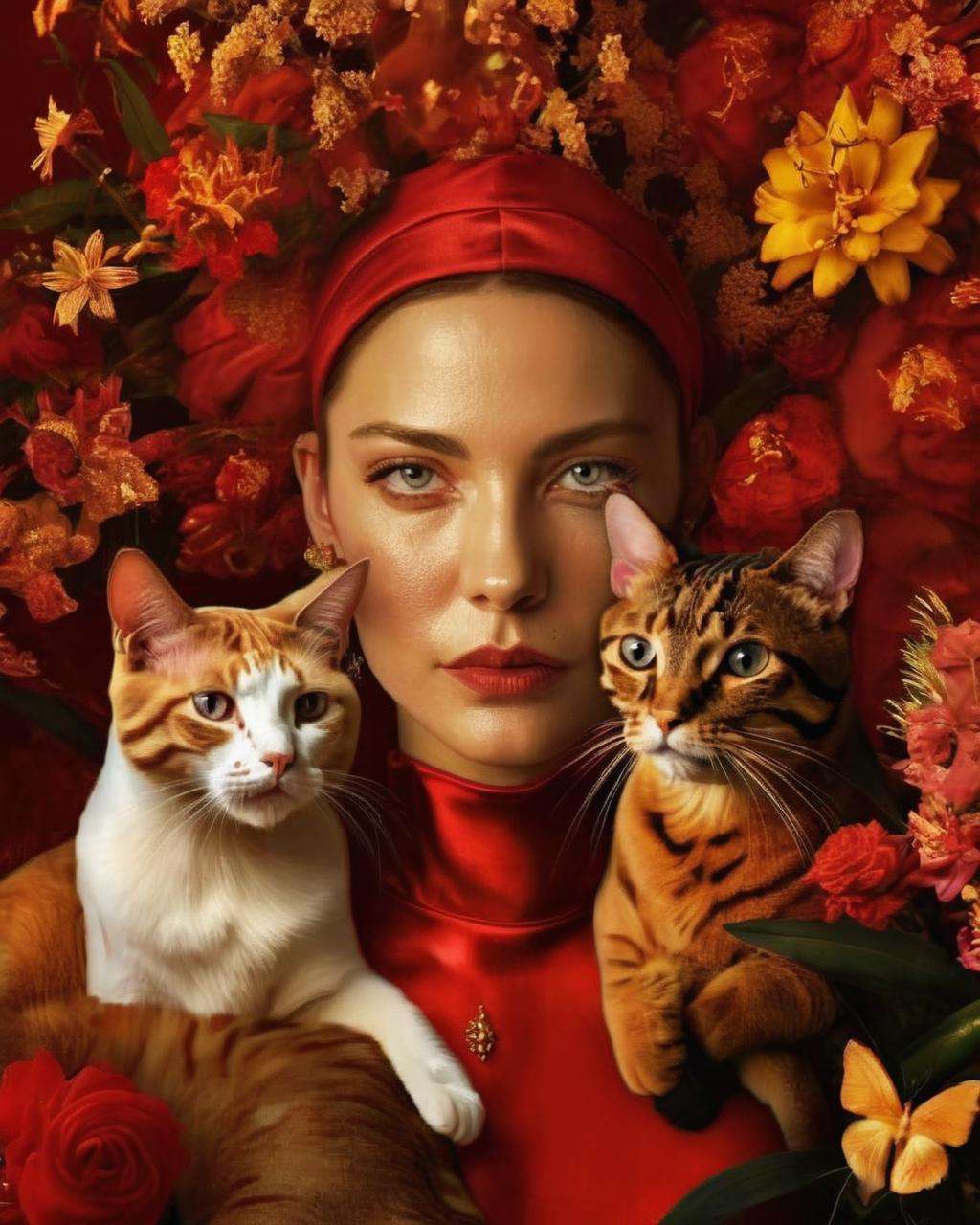 a woman in a red and gold outfit with Cat , Fauna_Portraits , surrounded by flowers, David LaChapelle, highly detailed digital painting, poster art, naturalism<lora:Fauna_Portrait_sdxl:1.0>